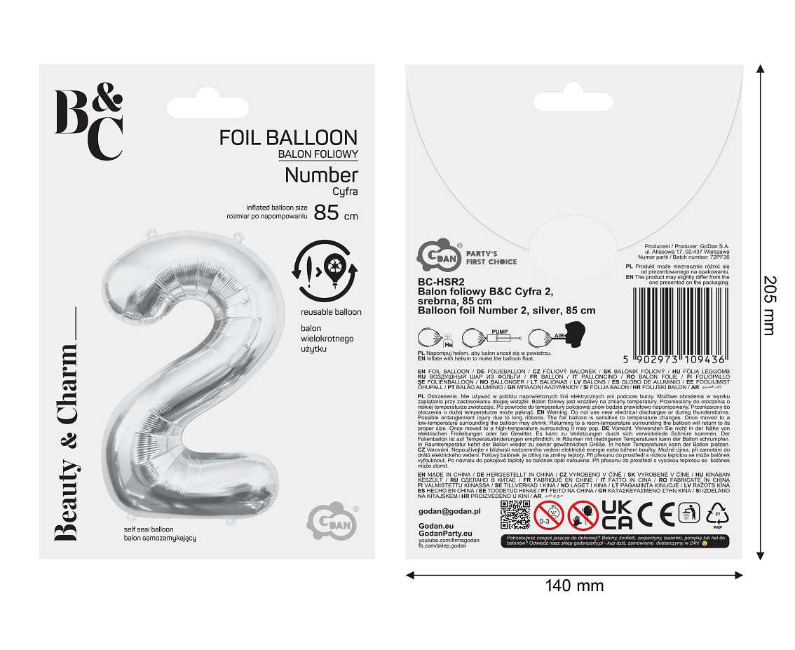 Foil balloon B&C Number 2, silver, 85 cm